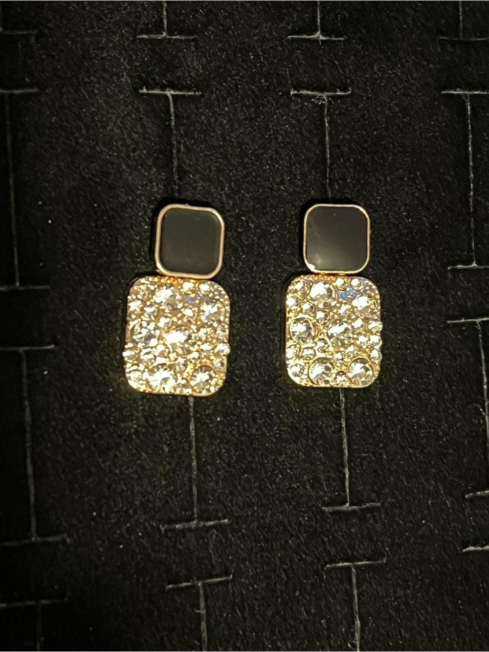Gold toned CZ Square Drop Earrings with Black Enamel